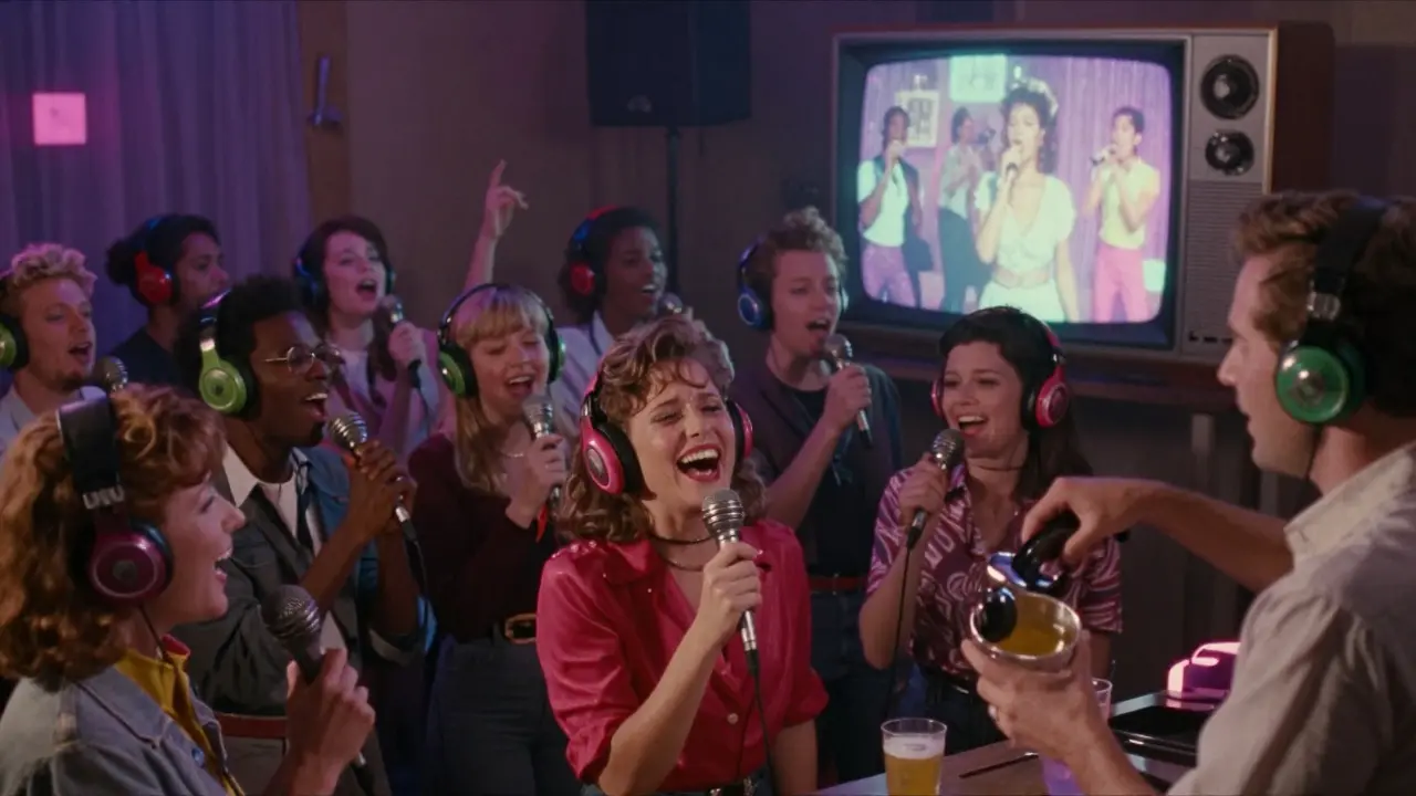 Group singing silently with headphones under pastel lights, one woman laughing with tears, retro TV projecting their moves.