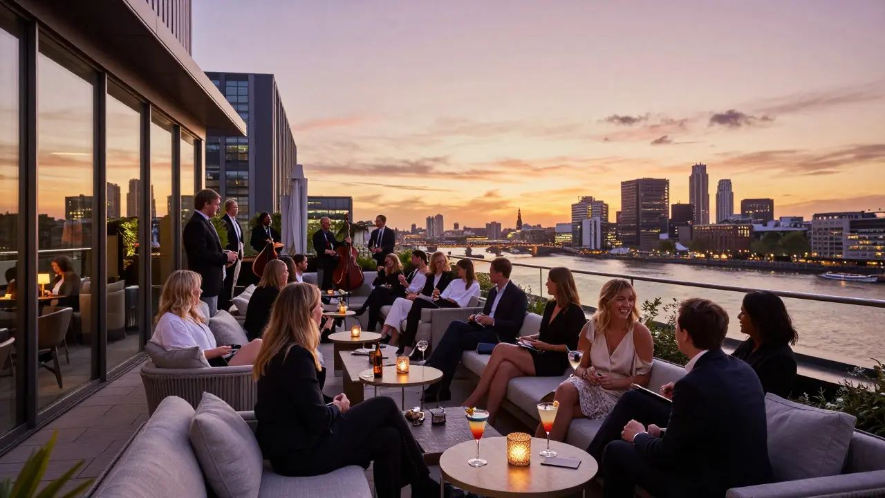 Guests mingling on a rooftop terrace at sunset with views of the Thames and London skyline.