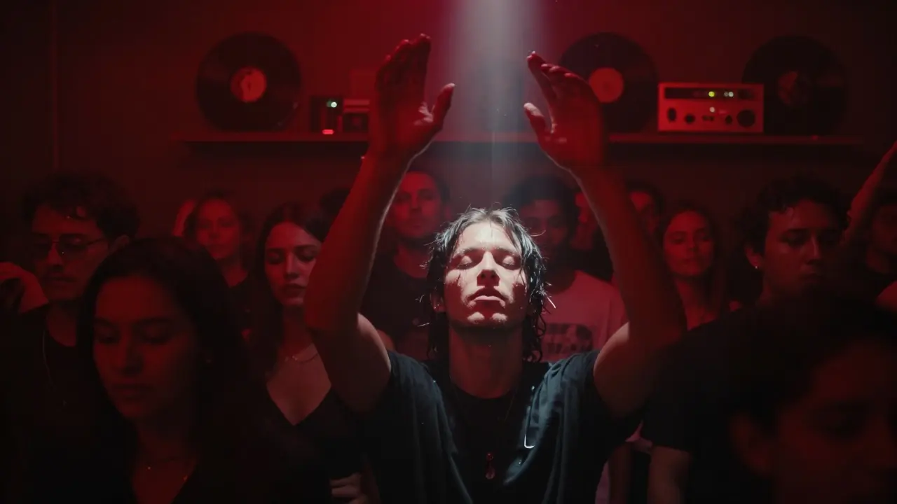 Intimate underground room with dim red lighting and people lost in techno music