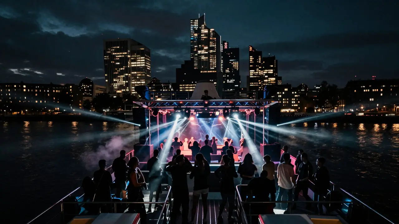 Nighttime rave on a boat with pulsing lights and silhouetted dancers against London’s skyline.