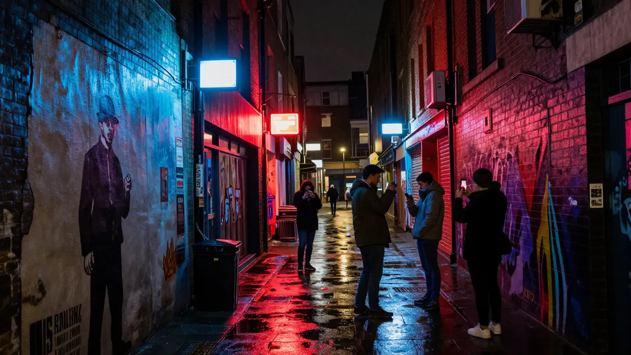 Nighttime street art in Shoreditch glowing under urban lights, friends taking photos amid vibrant murals.