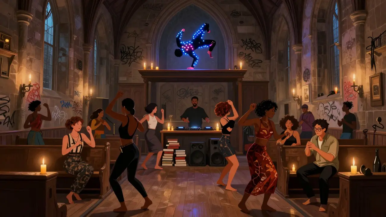 People dancing in a converted church afterparty with LED performer on a floating platform and candlelit pews.