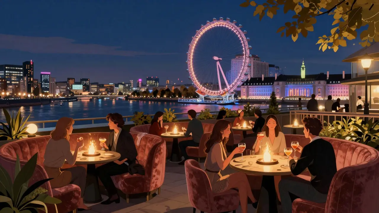 People enjoying cocktails at a rooftop bar overlooking the Thames at night with fire pits and city lights.