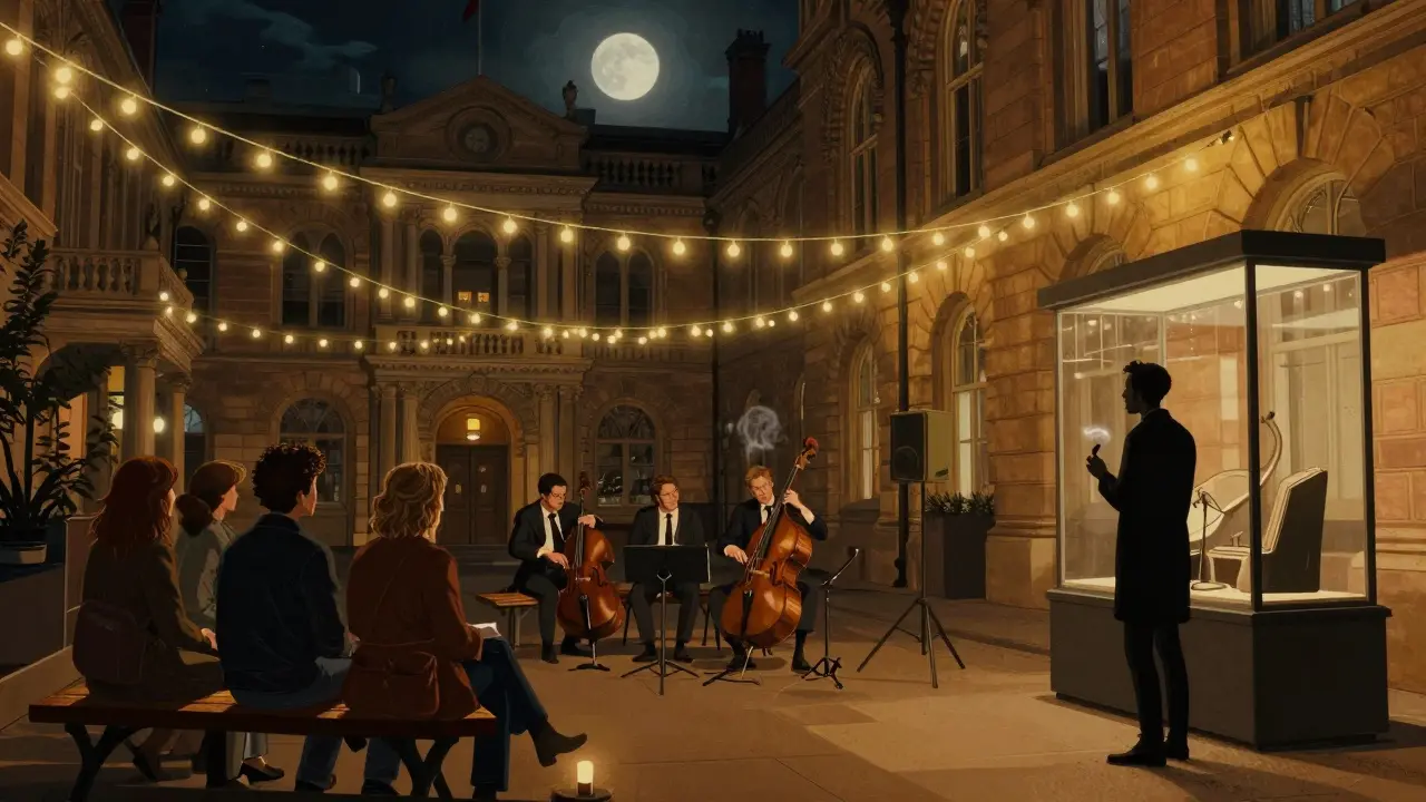 People enjoying live jazz and poetry under fairy lights in a museum courtyard at dusk.