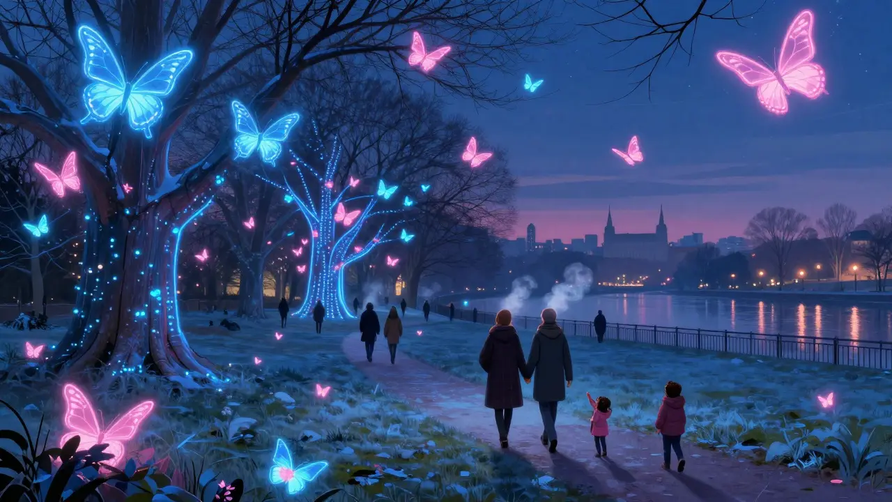 People walking through a glowing tunnel of neon butterflies at a winter light festival.