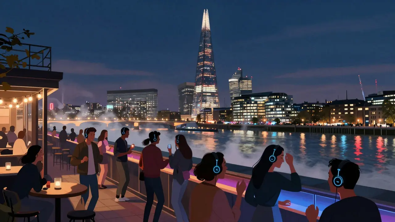 Rooftop bar at night with people dancing silently, London skyline and Thames glowing in the background.