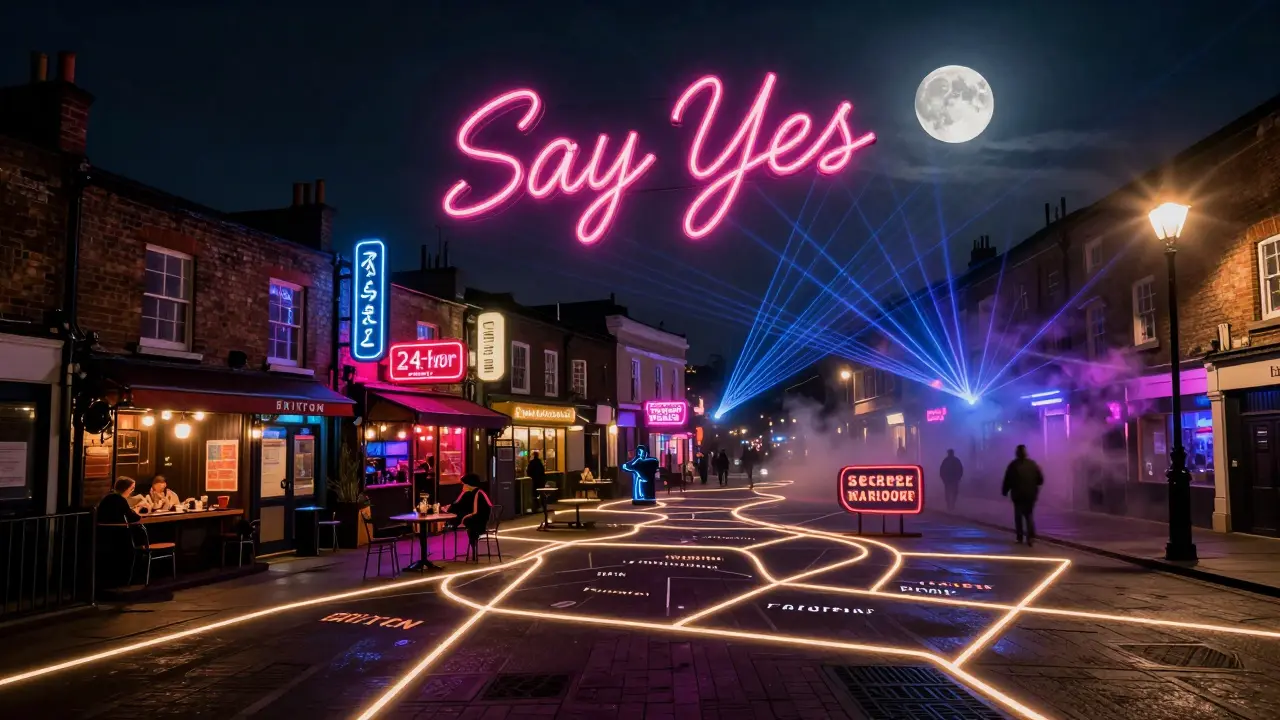 Surreal map of London&#039;s nightlife connecting hidden venues with glowing paths and floating neon signs.