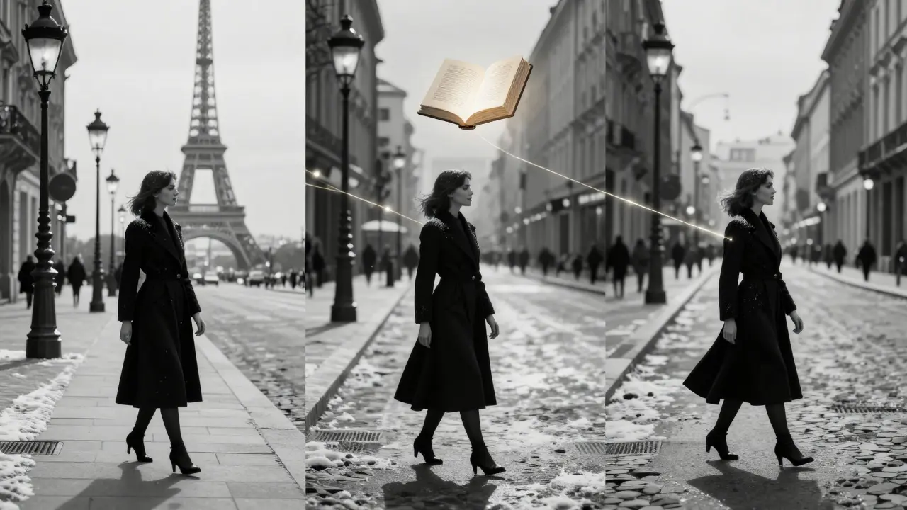 Three elegant women walk through European cities, connected by golden threads to a glowing book.