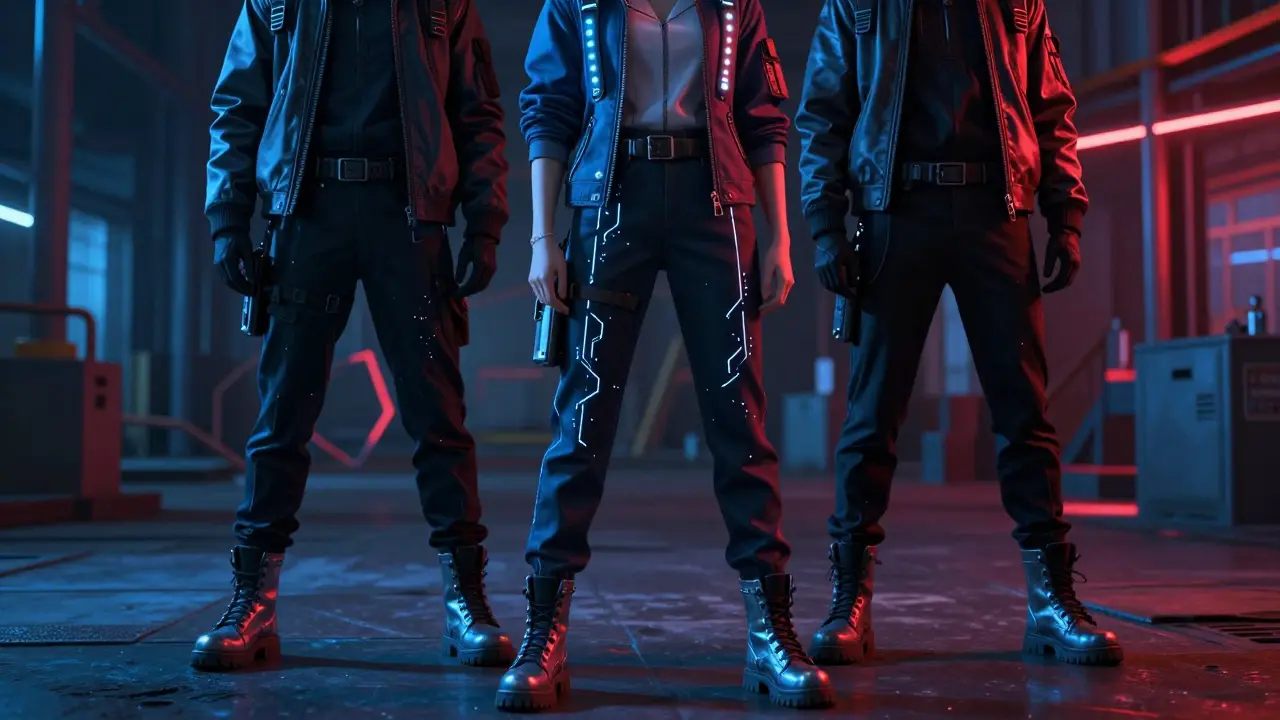 Three individuals in high-tech cyberpunk outfits with glowing details under neon lights at Fabric.