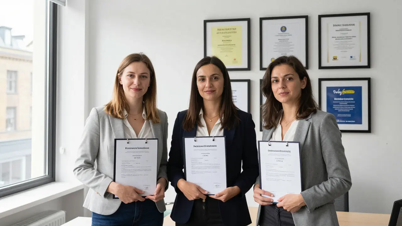 Three professional European women in an agency office with verified documents and training certificates.