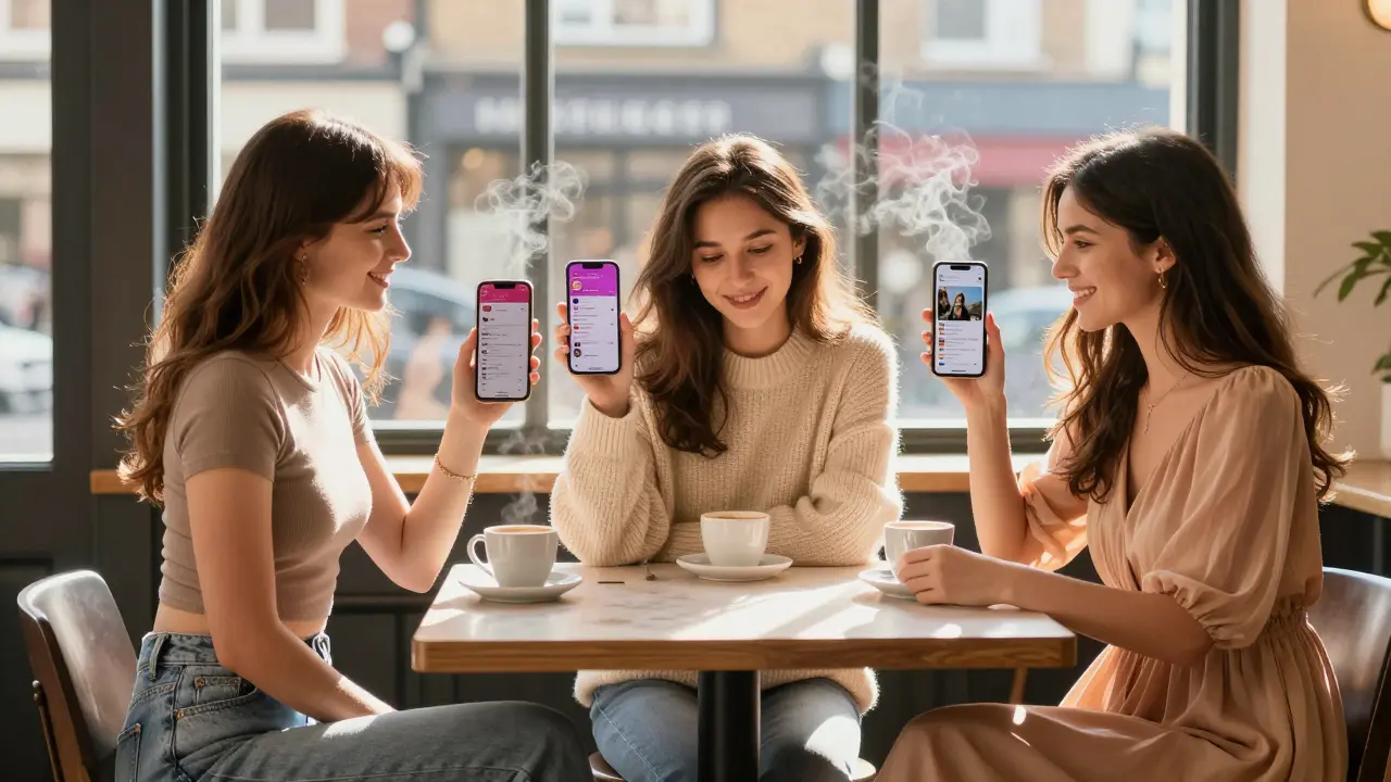 Three women in a London café, each holding phones showing different dating profile styles—casual, curated, and authentic.