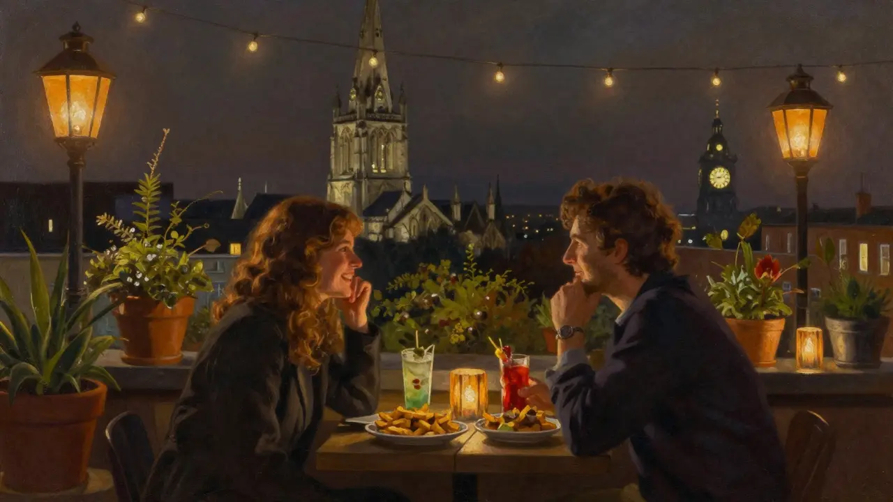 Two friends enjoying cocktails and small plates on a cozy rooftop bar with fairy lights and Bristol Cathedral in the background.