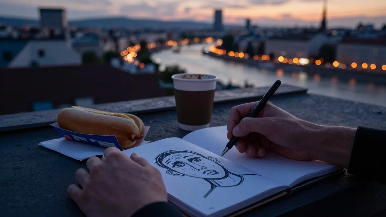 Two hands sketching together on a napkin at a Vienna rooftop as city lights twinkle at dusk.