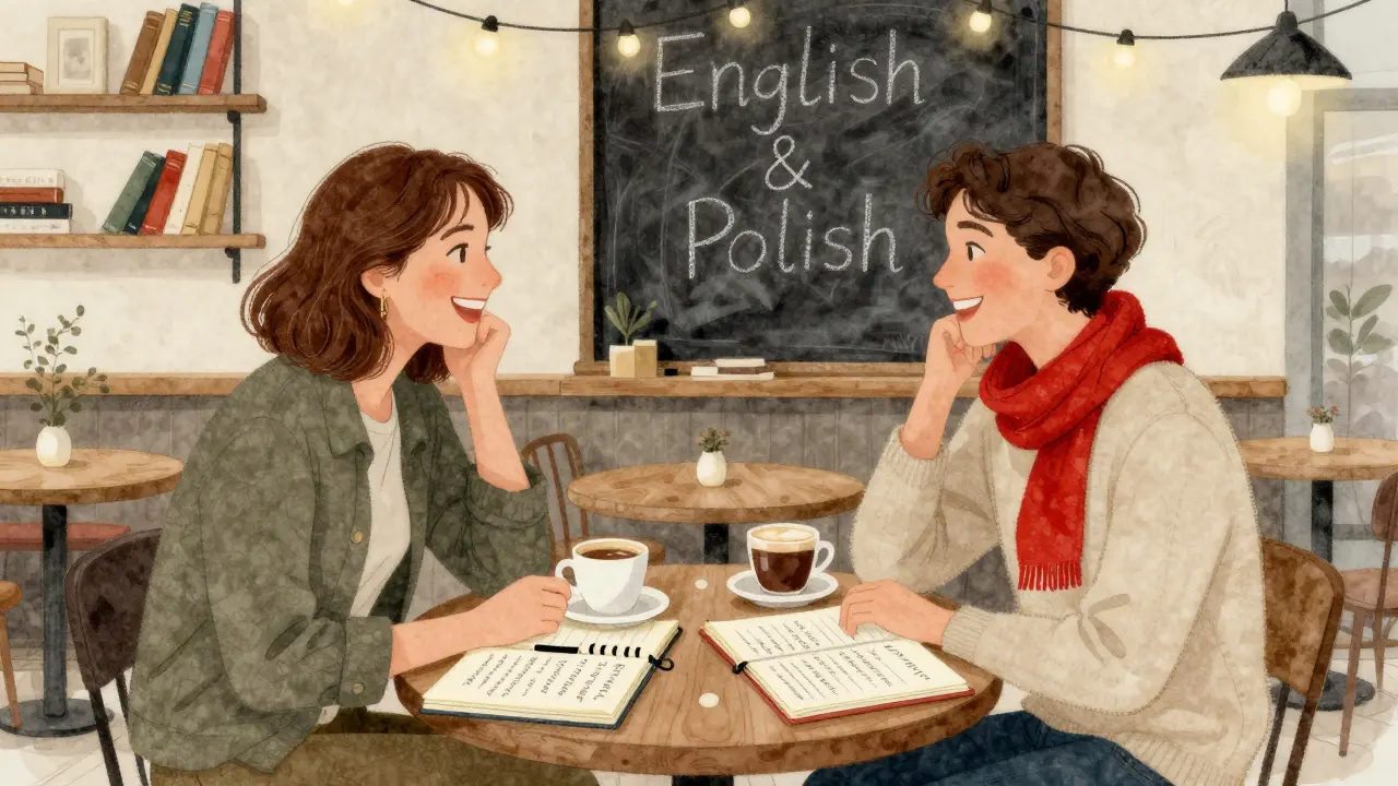 Two people laughing during a language exchange in a Berlin café, notebooks and coffee between them.