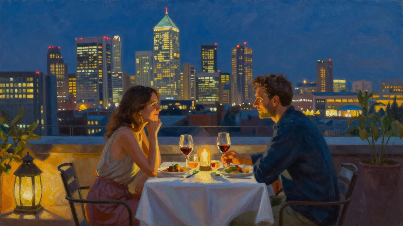 Two people share a quiet rooftop dinner in London, the glittering city skyline visible below.