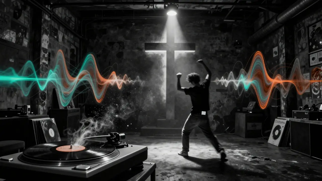Underground dance space with vinyl turntable and lone dancer illuminated by spotlight.
