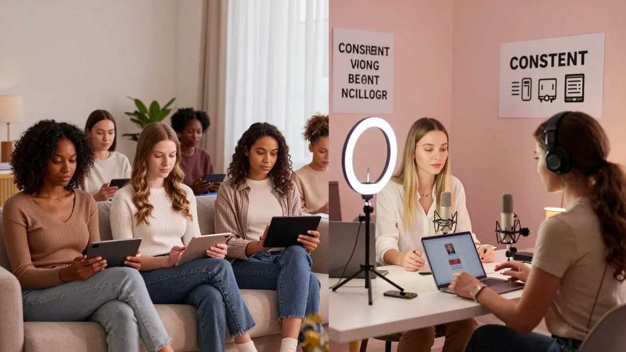 Women watching and creating sensual, consent-focused adult content in home settings.