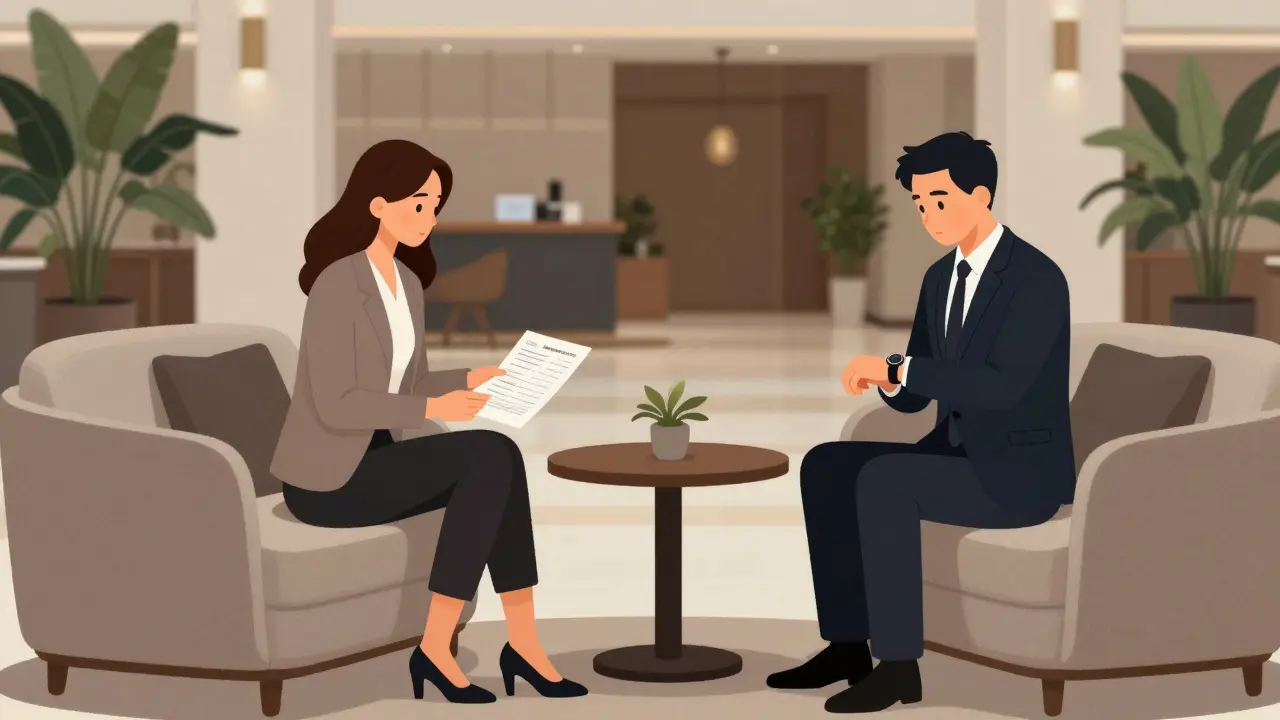 A client and escort meet professionally in a hotel lobby, seated apart, conveying discretion and respect.