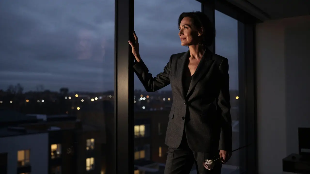 A confident mature woman stands by a window at twilight, holding a rose, city lights behind her.