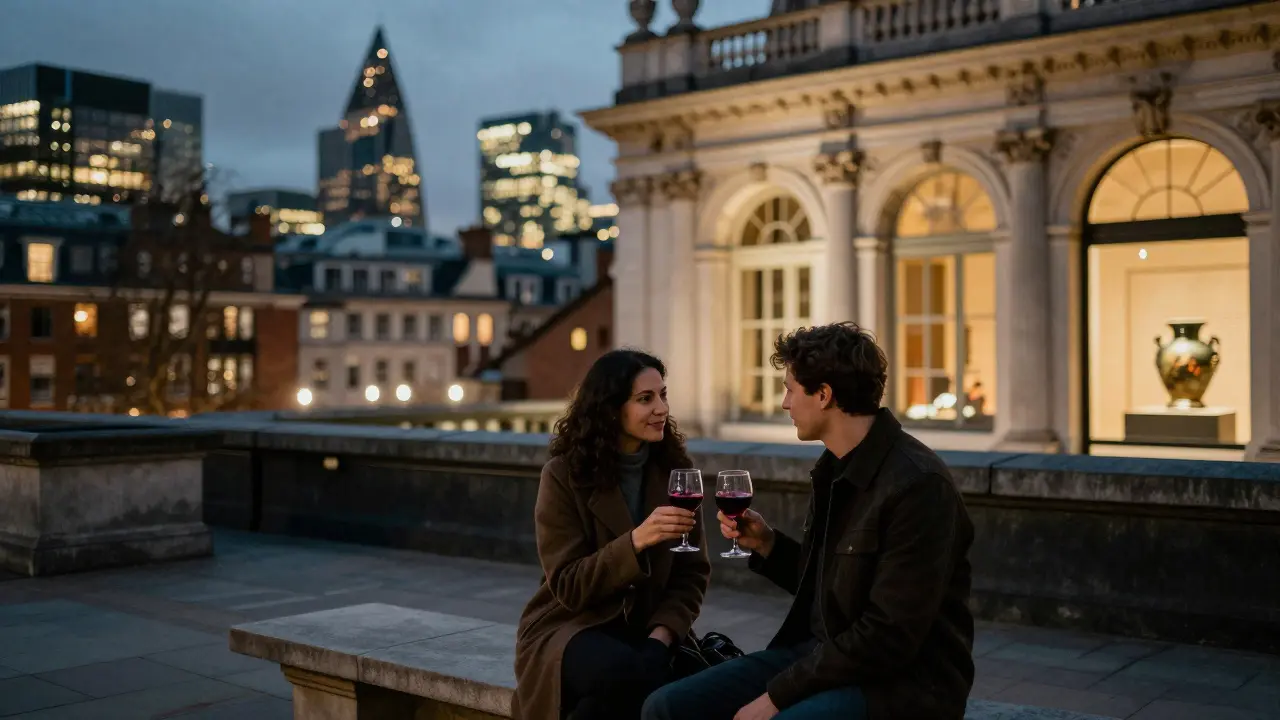 A couple enjoys drinks on a rooftop terrace at the V&amp;A Museum, with London's city lights glowing in the background.