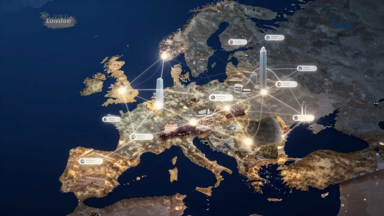 A glowing network connecting European cities, symbolizing verified escort profiles and secure communication.