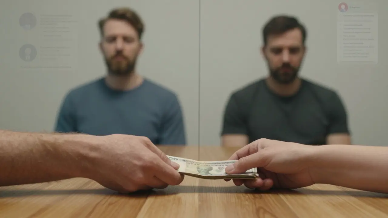 A hand placing cash on a table while a mirror reflects two versions of the same man — confident and lonely.