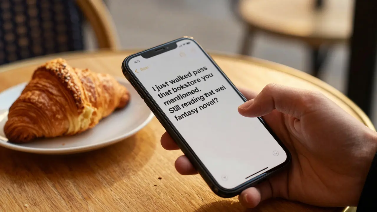 A hand sending a thoughtful, specific text message in a Parisian café at sunset.