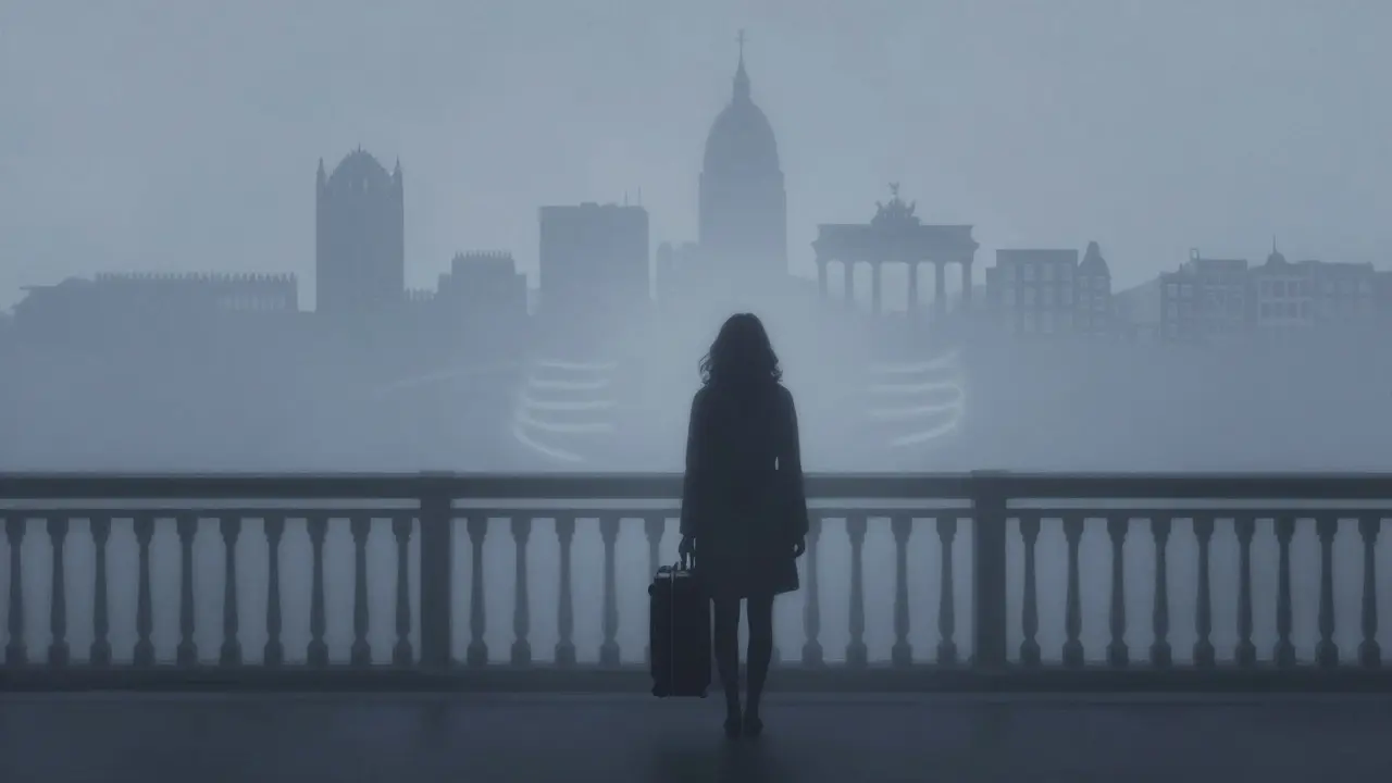 A lone woman stands on a Budapest bridge at dawn, surrounded by fading silhouettes of international cities, symbolizing her transient connections.