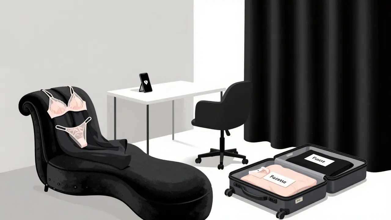 A luxury escort’s hidden studio in Chelsea with lingerie, suitcase, and phone displaying blocked messages.