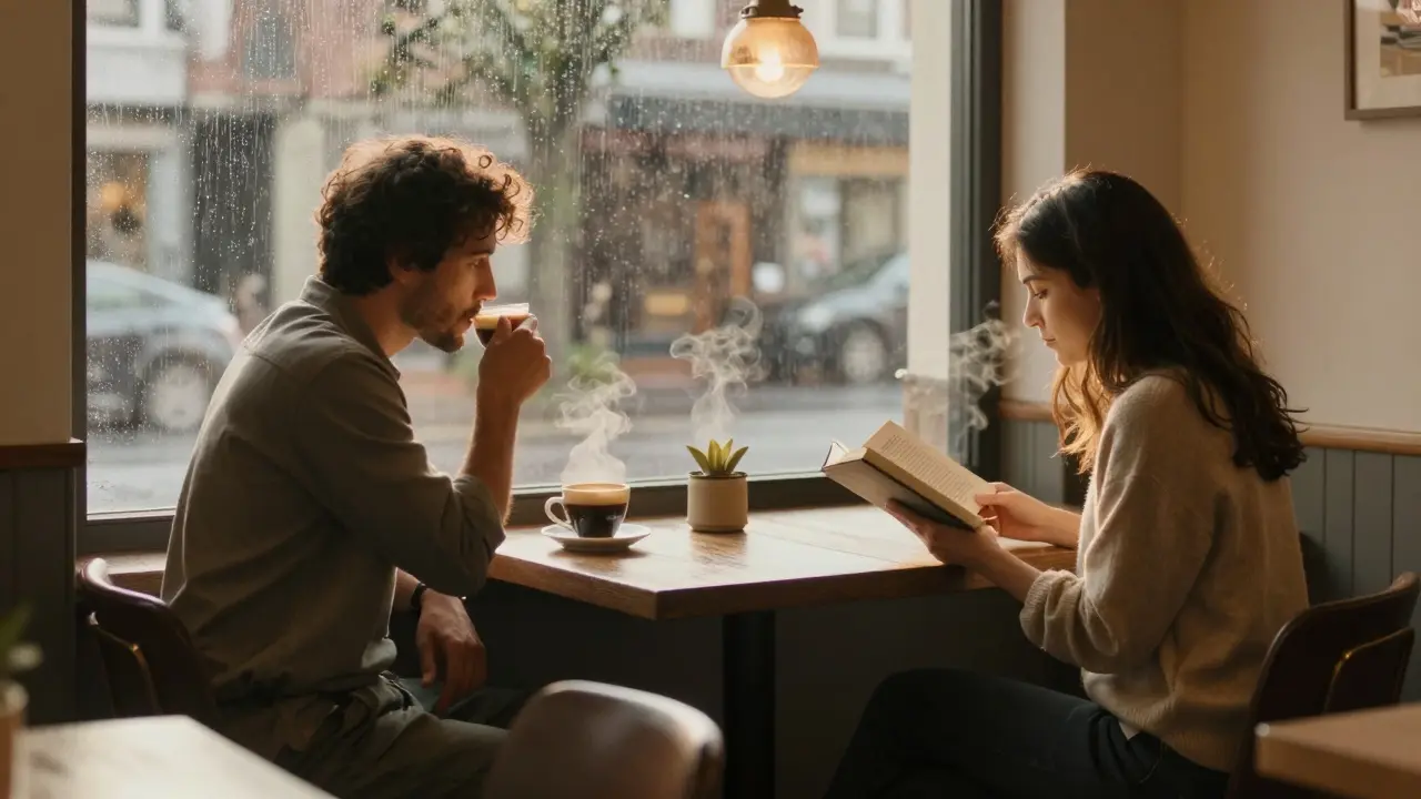 A man and woman quietly sharing a cozy cafe moment, no phones in sight.