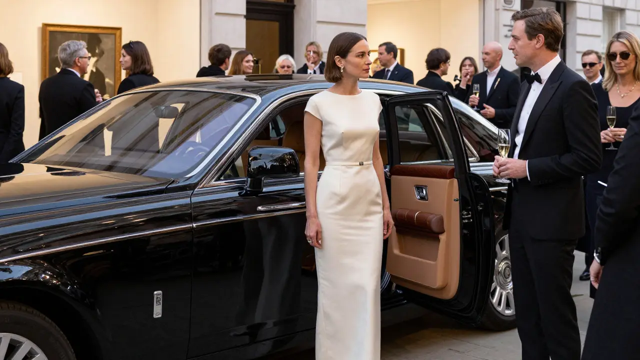 A poised woman in a designer gown arriving at a high-end art gallery opening in London, blending seamlessly with elite guests.