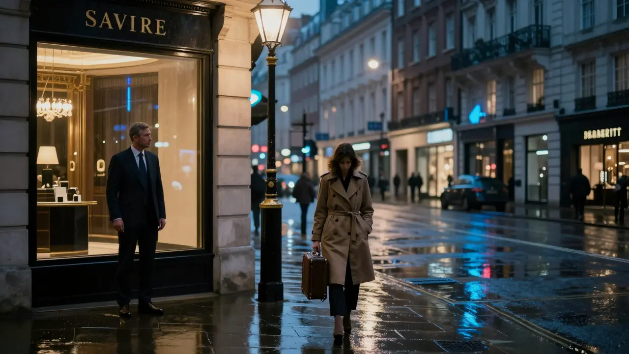 A woman stands under a rainy London streetlamp near a luxury hotel, watched from afar by a man in a suit.