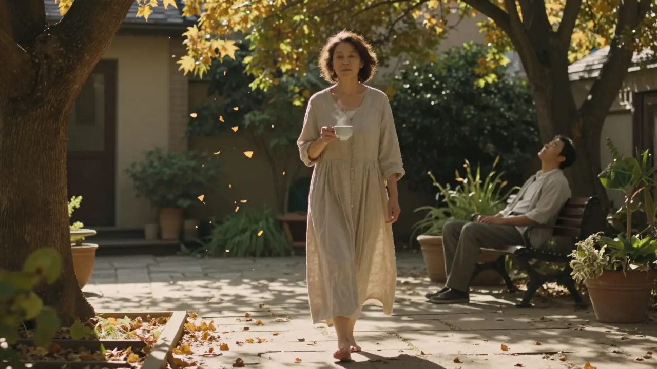 A woman walks barefoot in a garden at dusk, holding tea as a man rests peacefully nearby.