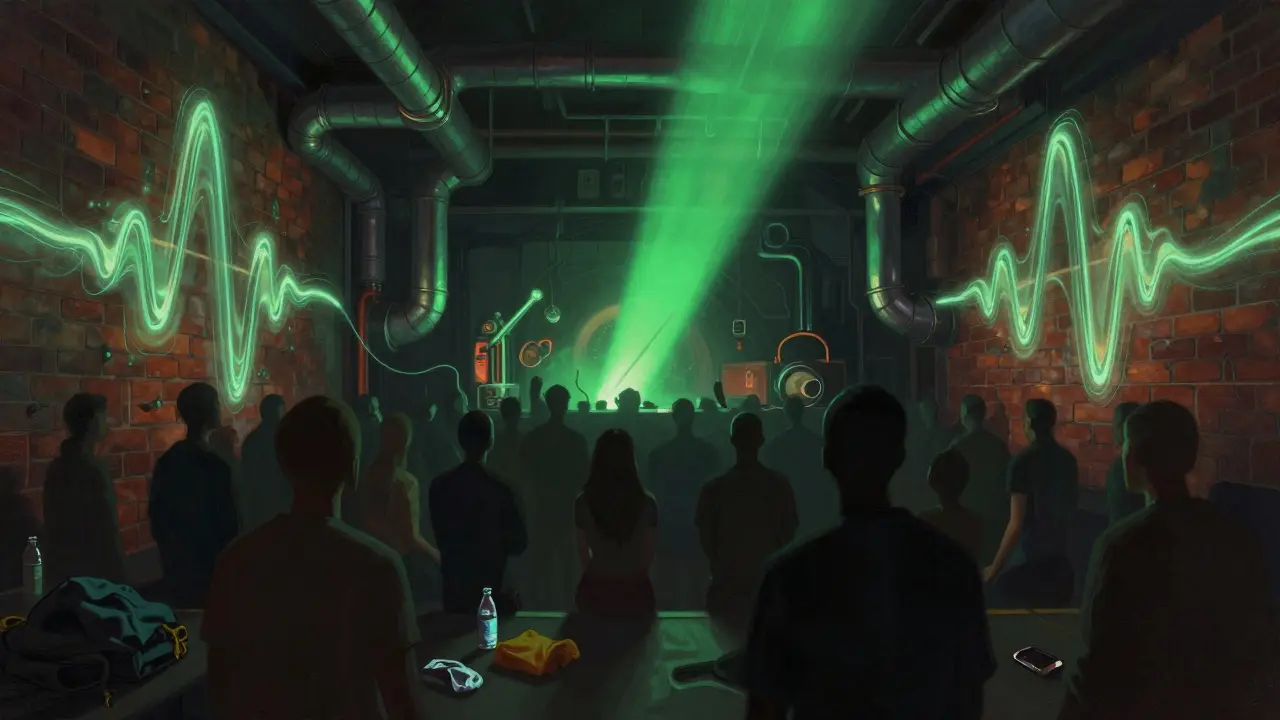 Abstract view of Drumsheds as a living sound entity, bass waves wrapping around dancers, green neon light piercing darkness.