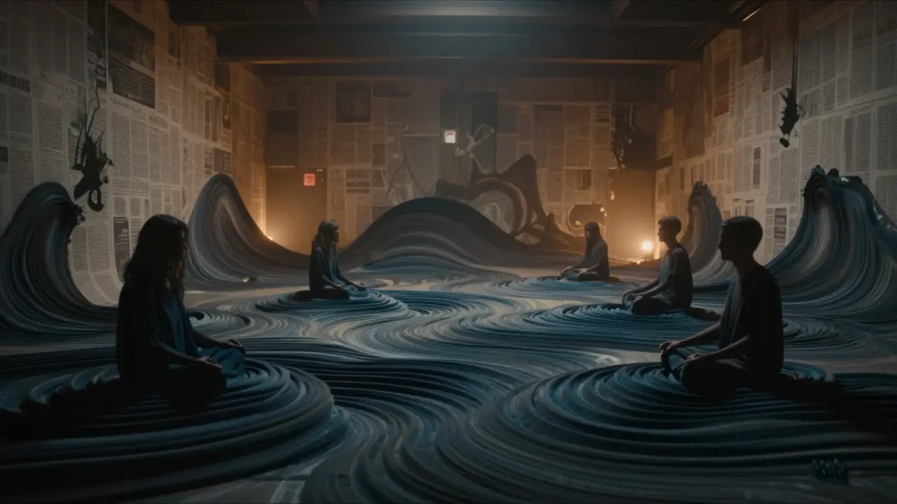 Abstract visualization of bass waves flowing through Printworks, blending sound with faded ink-stained walls and still figures.