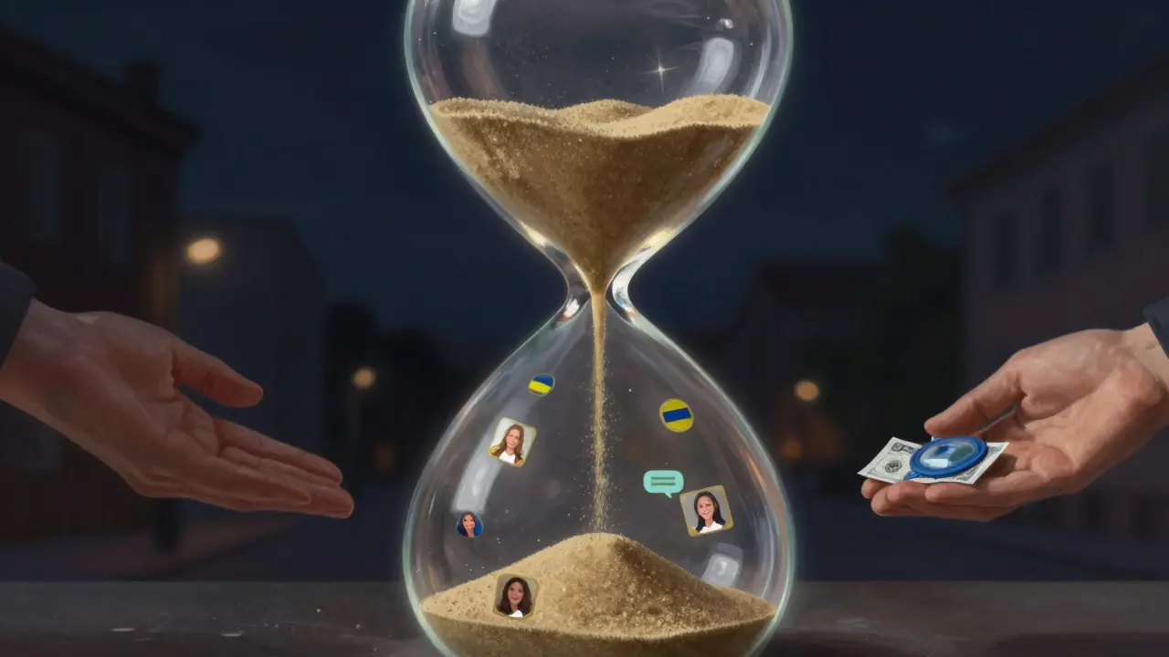 An hourglass with glowing grains symbolizes moments of human connection between escort and client.