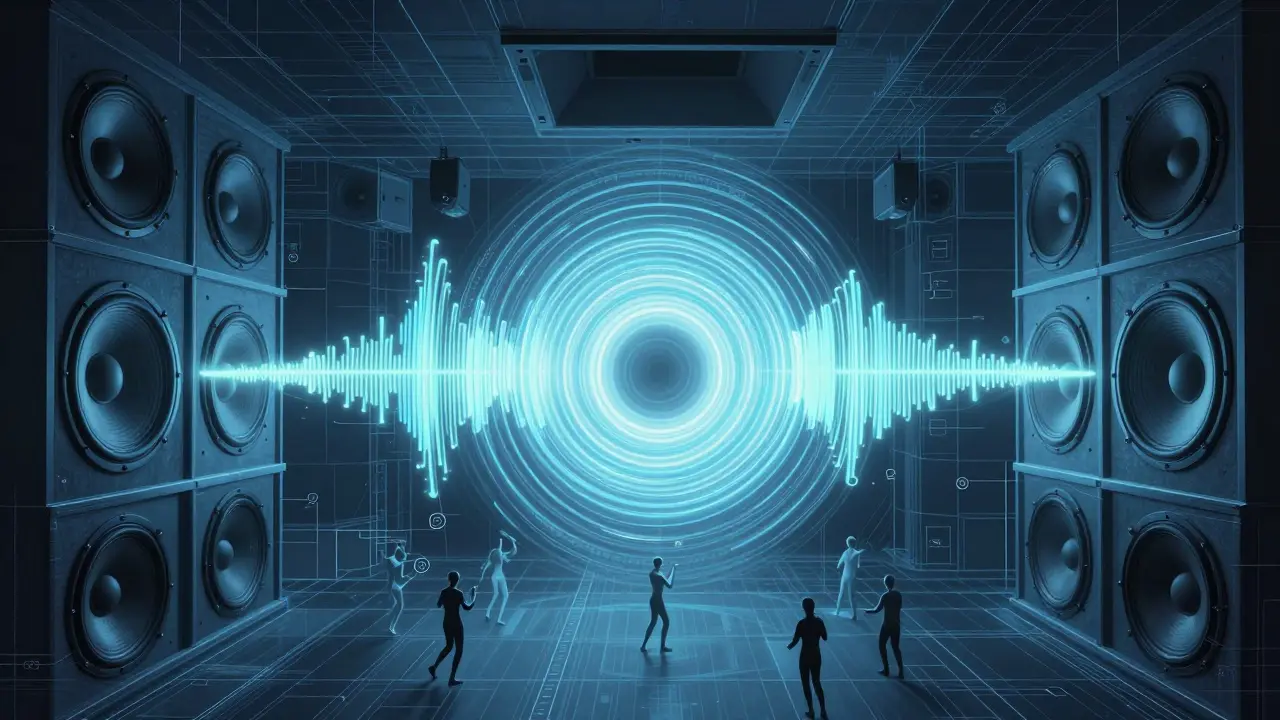 Cross-section of Ministry of Sound's custom sound system with glowing audio waves filling the room.