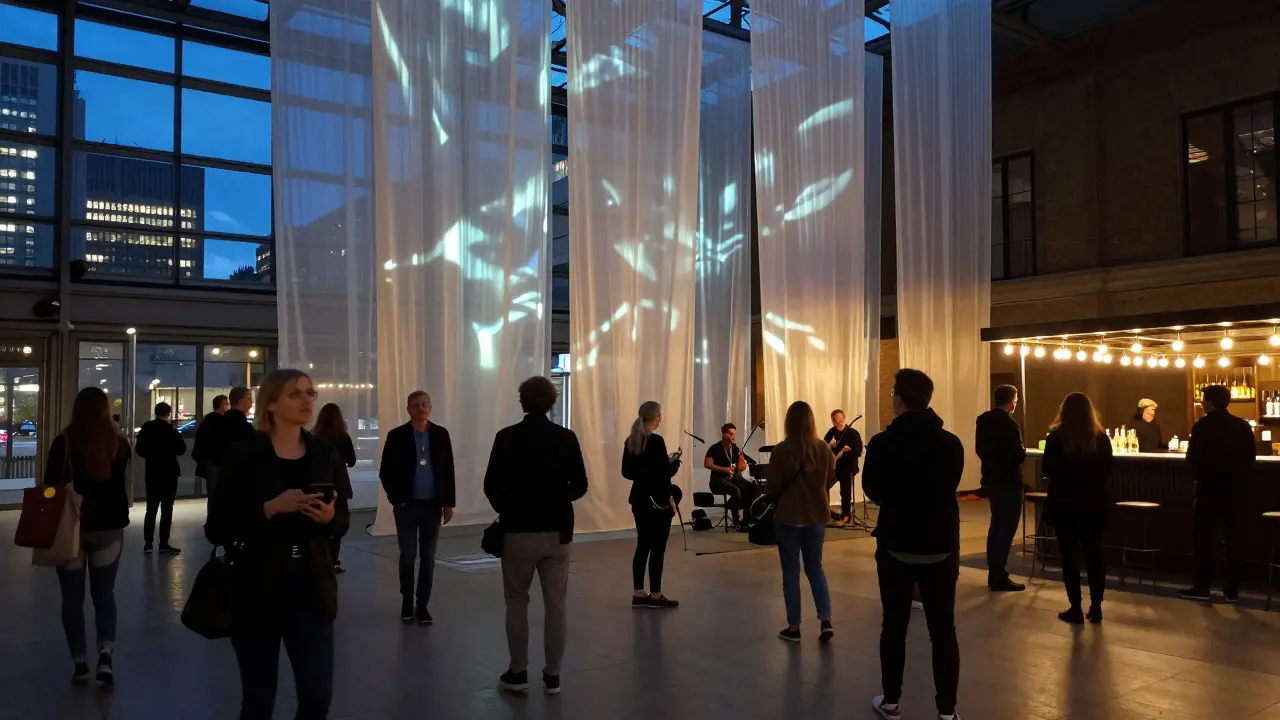 Crowds wander through a glowing, immersive art installation in Tate Modern's Turbine Hall during a Friday night event.