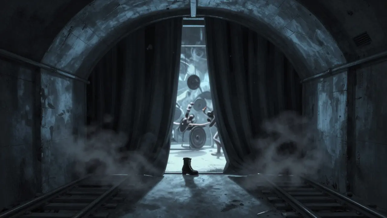 Dark tunnel leading to Drumsheds, black curtains parting to reveal glowing dance floor, industrial arches above.