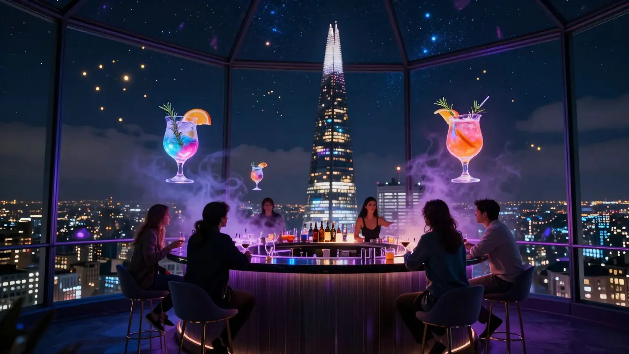 Dreamy night view from The Shard's Sky Pod Bar, guests floating above a glittering cityscape with glowing cocktails.