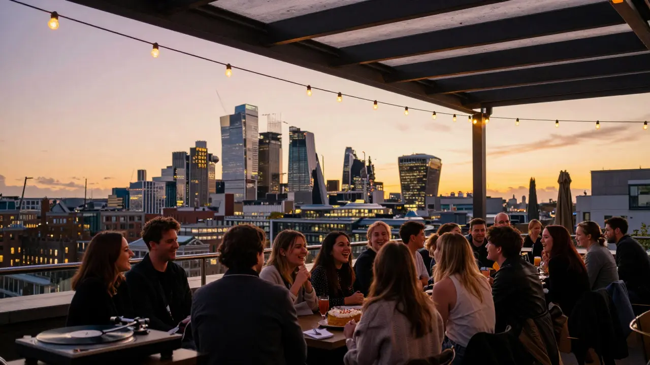Friends celebrating a birthday at sunset on a rooftop with string lights and a city skyline in the background.