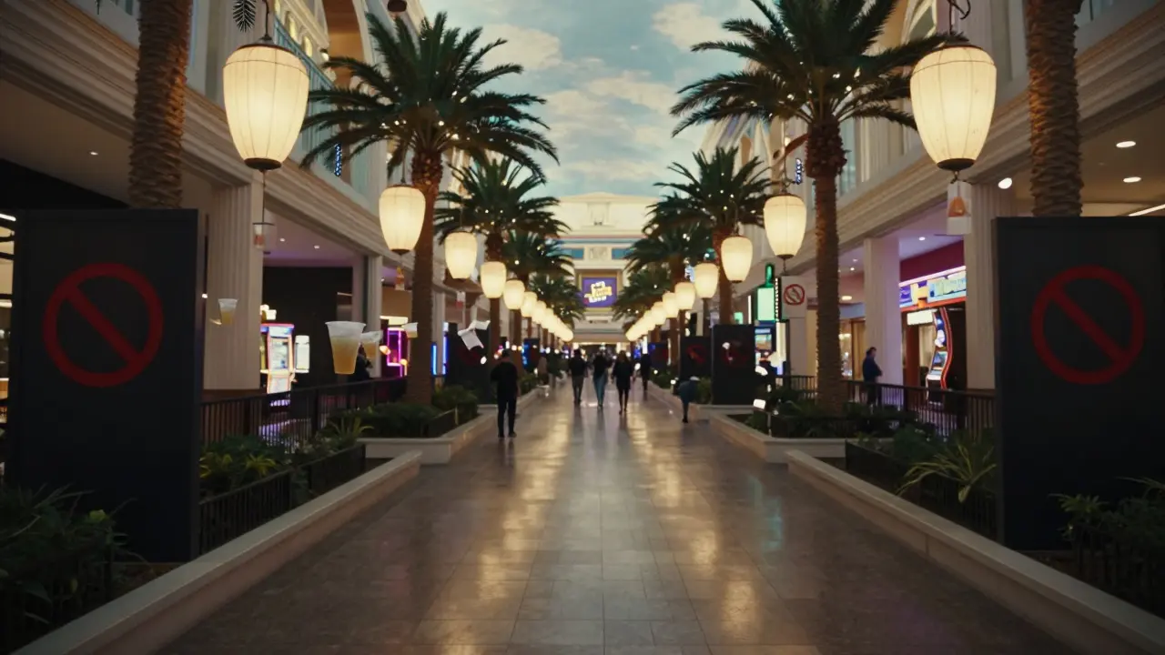 Glowing plastic cups floating above the Strip sidewalk, symbolizing legal alcohol zones.