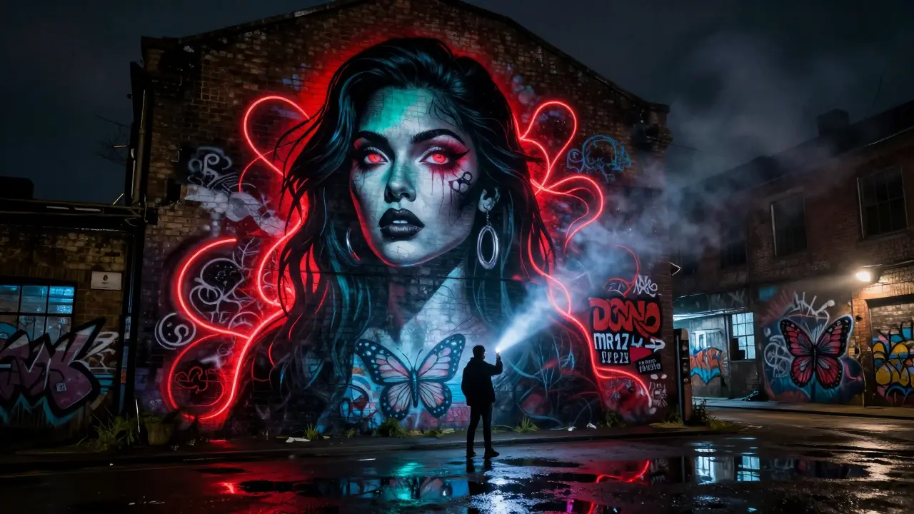 Glowing street art mural in Shoreditch at night, person using phone flashlight to see details on brick wall.