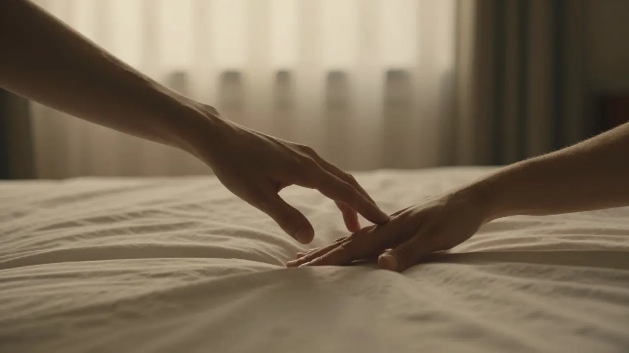 Hands gently touching across a rumpled bed, golden light highlighting the intimacy of a quiet moment.