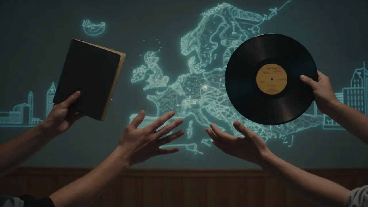 Hands reaching across a dark room, holding a book and vinyl record, with glowing European city silhouettes behind.