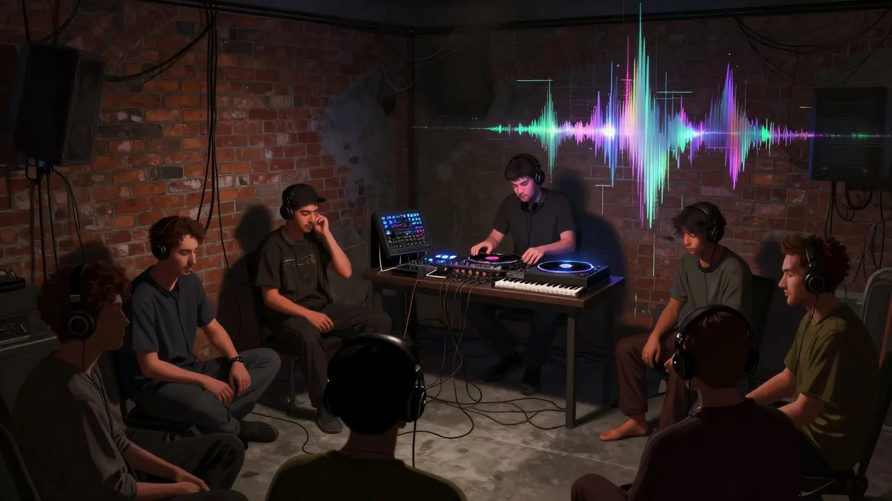 Intimate underground room with a DJ spinning vinyl, glowing synths, and listeners lost in experimental sound.