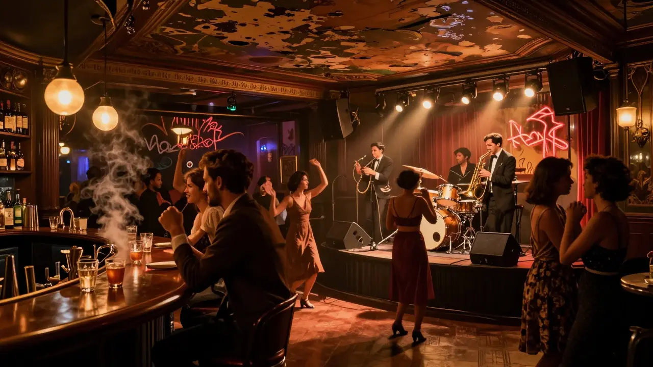 Live funk band performing in a converted 1920s bank with golden instruments and vintage patrons.