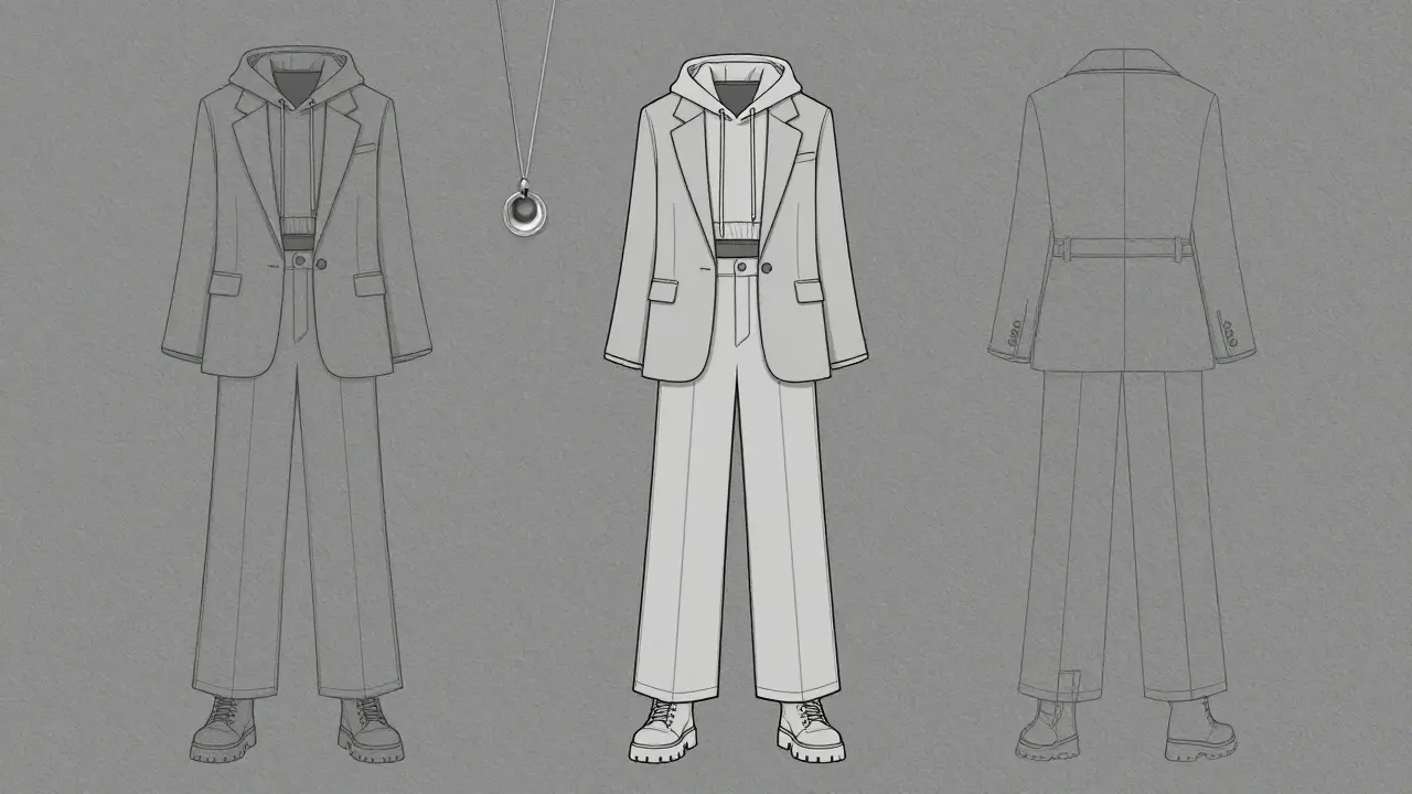 Minimalist line drawing of gender-neutral night outfit: blazer, hoodie, wide trousers, and boots with a single pendant.