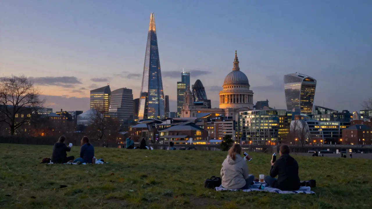 Panoramic view of London skyline from Primrose Hill at dusk, people sitting on grass with thermoses.