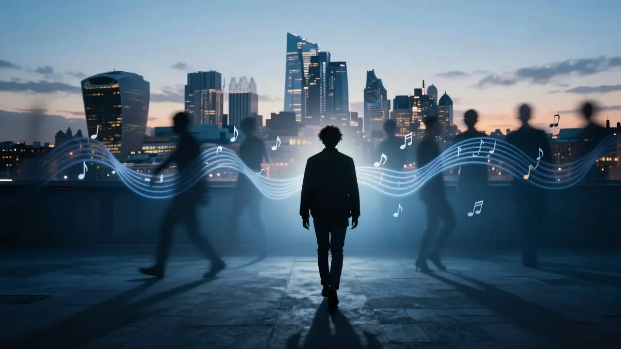 Person emerging from a club at dawn, their shadow melting into dancing silhouettes.